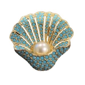 Vintage Signed Kramer Blue & Gold Tone Shell Brooch